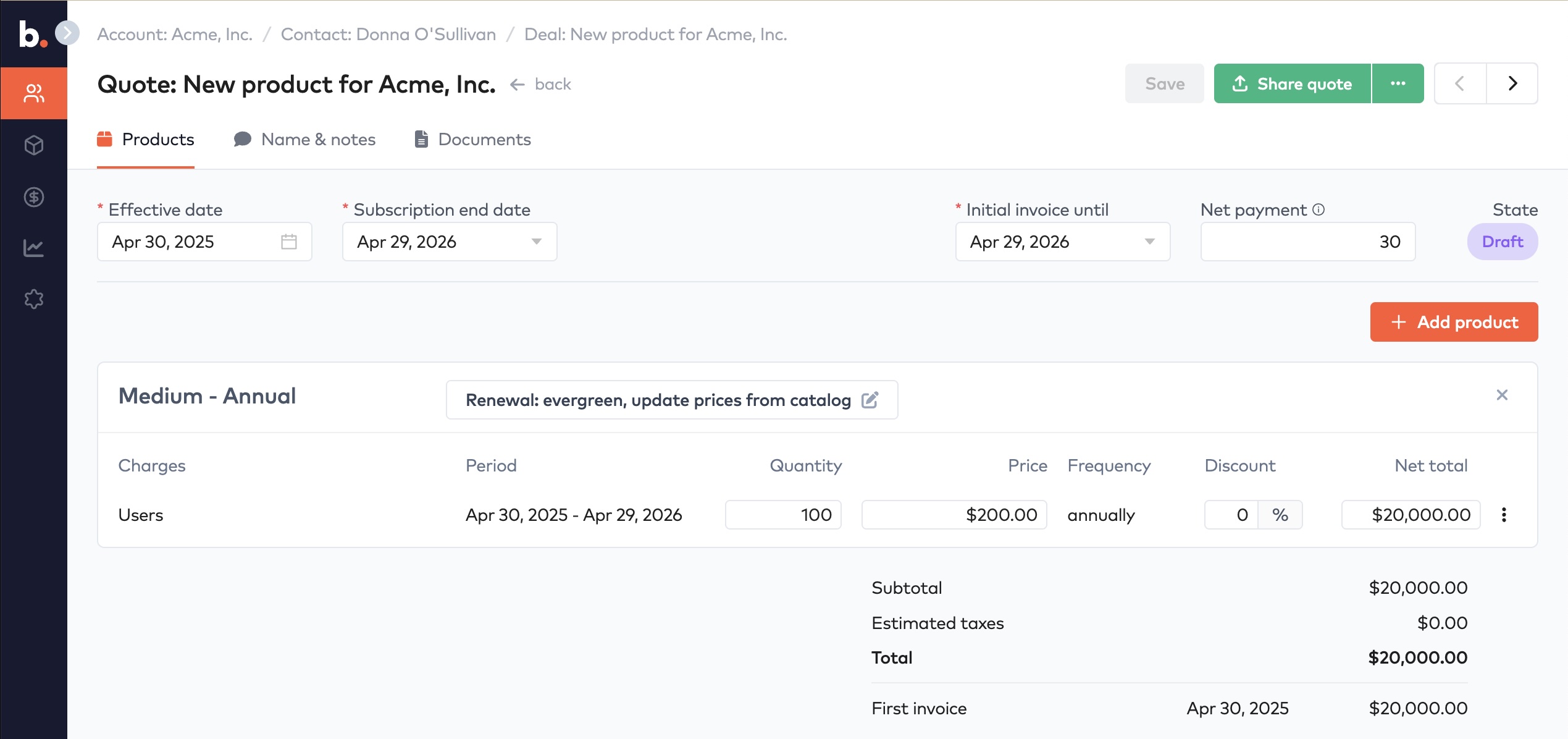 Quote builder with a Medium - Annual plan added, editable quantity, price and discount fields, totals and Add product