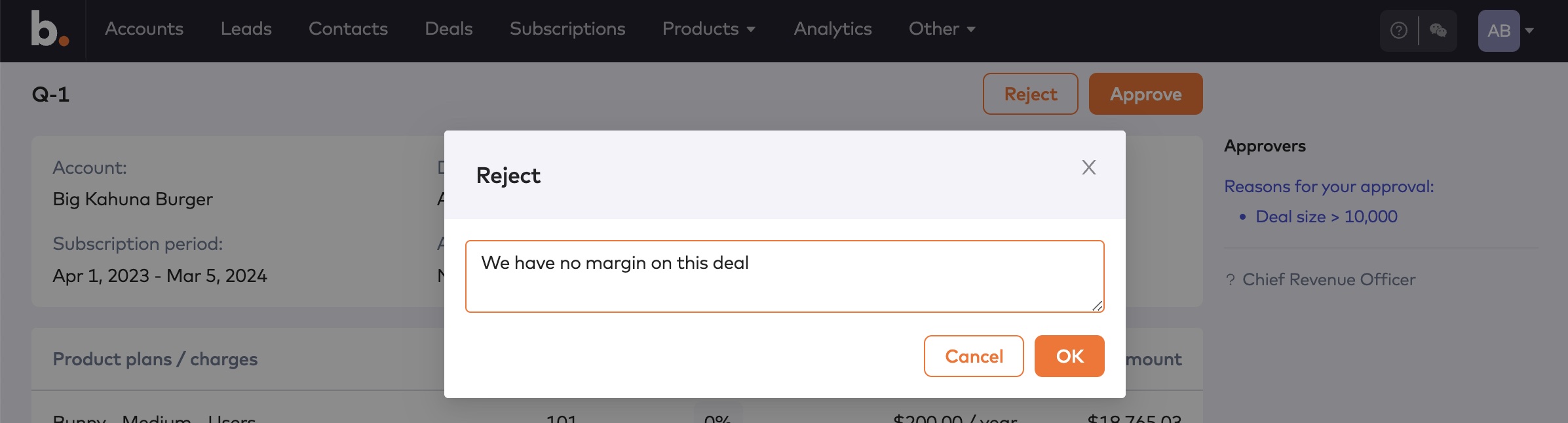Reject dialog with a rejection reason entered and Cancel and OK buttons