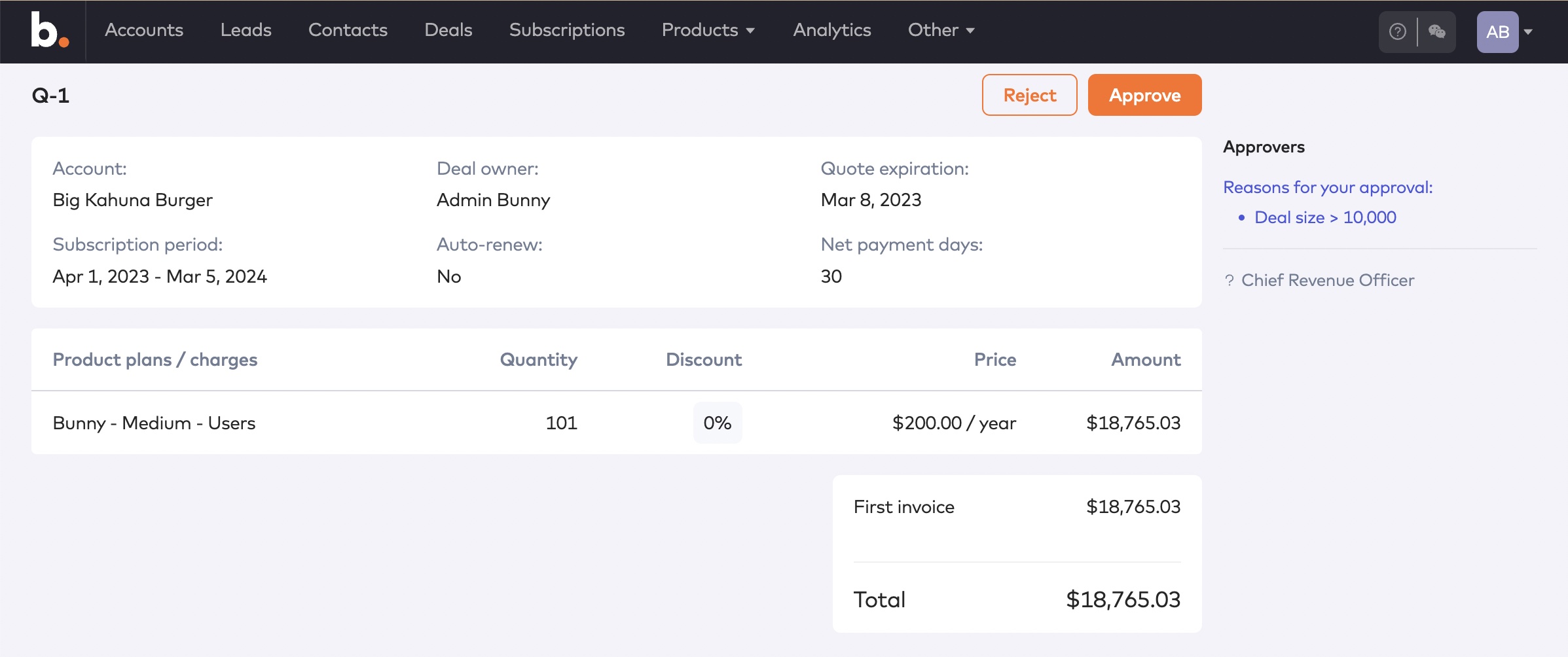 Read-only quote review page with Reject and Approve buttons and approval reasons in the sidebar