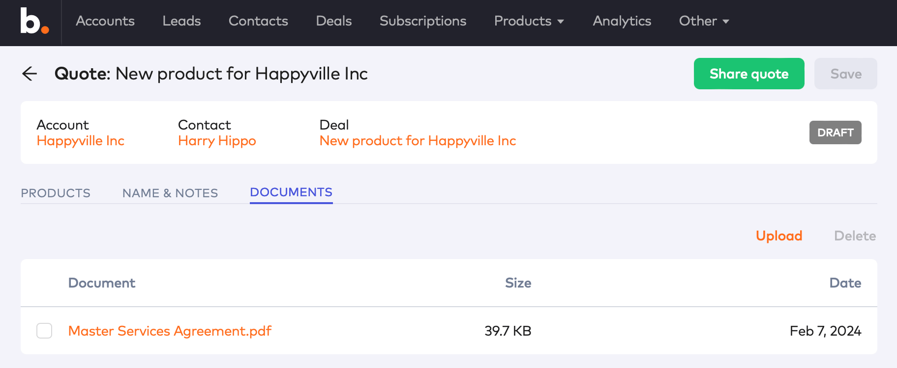 Quote Documents tab with Upload button and a Master Services Agreement.pdf attached