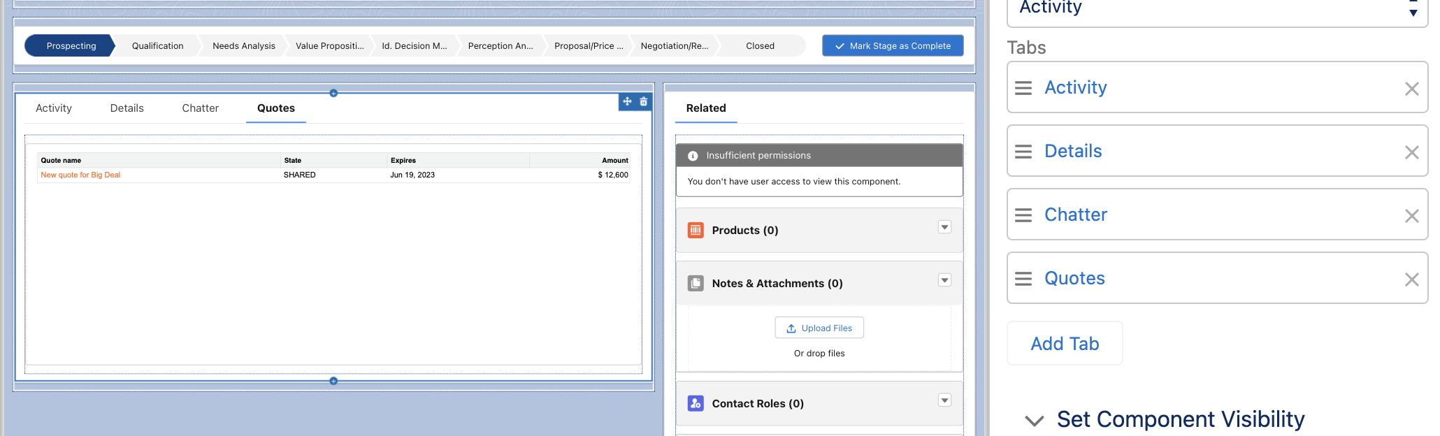 Salesforce Opportunity page editor with a new Quotes tab listing a shared Bunny quote, and the Add Tab button in the Tabs panel