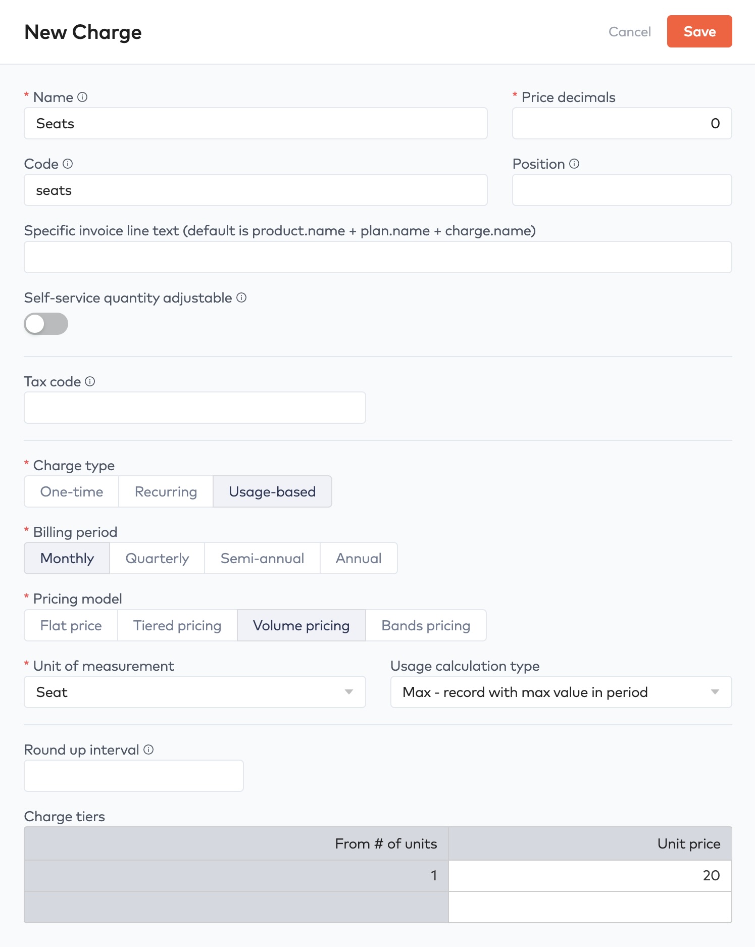 New Charge form for Seats with Usage-based charge type and Max usage calculation type at $20 per seat