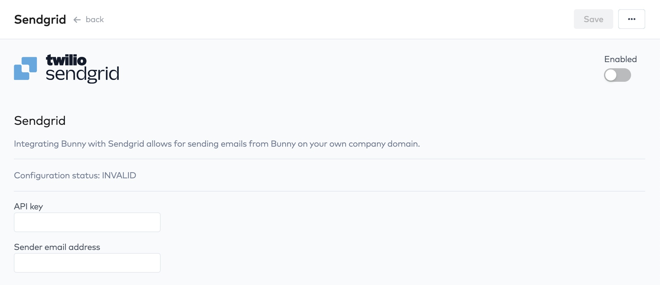 Sendgrid plugin settings in Bunny with Enabled toggle, API key and Sender email address fields
