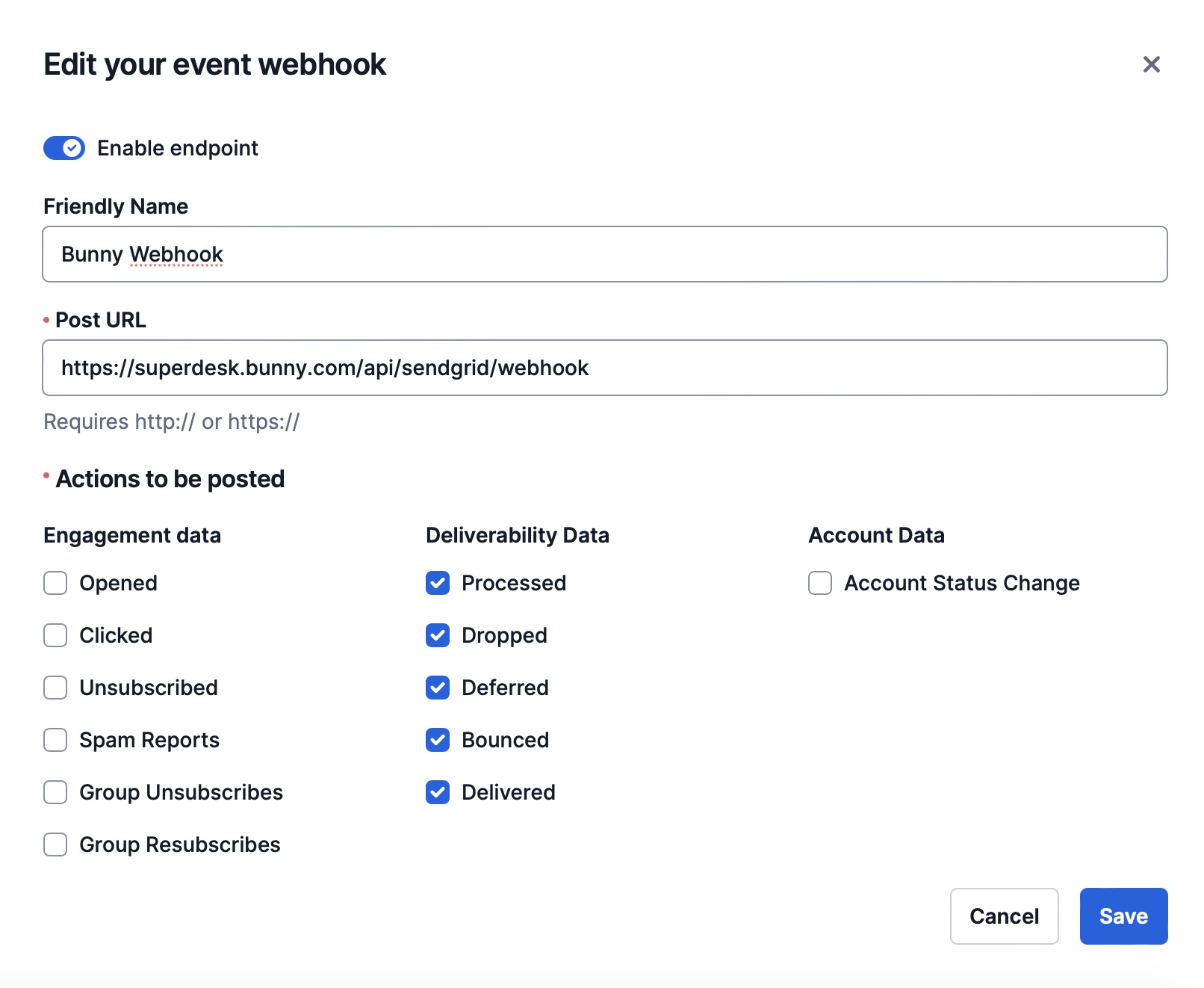 SendGrid event webhook form with a Bunny Post URL and the Deliverability Data events selected