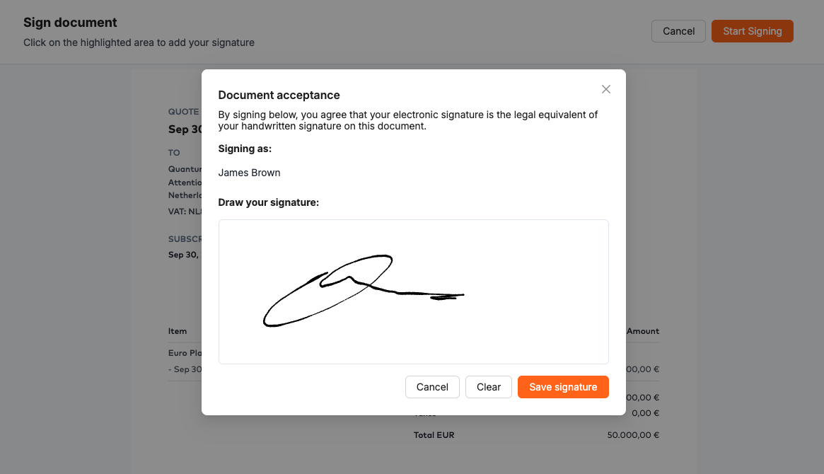 Bunny Sign Document acceptance dialog with a drawn signature and the Save signature button over a quote