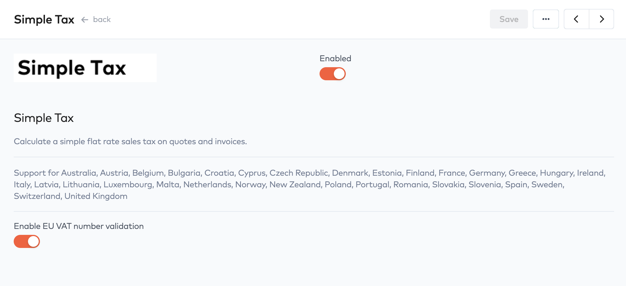 Simple Tax plugin settings with Enabled and Enable EU VAT number validation toggles switched on