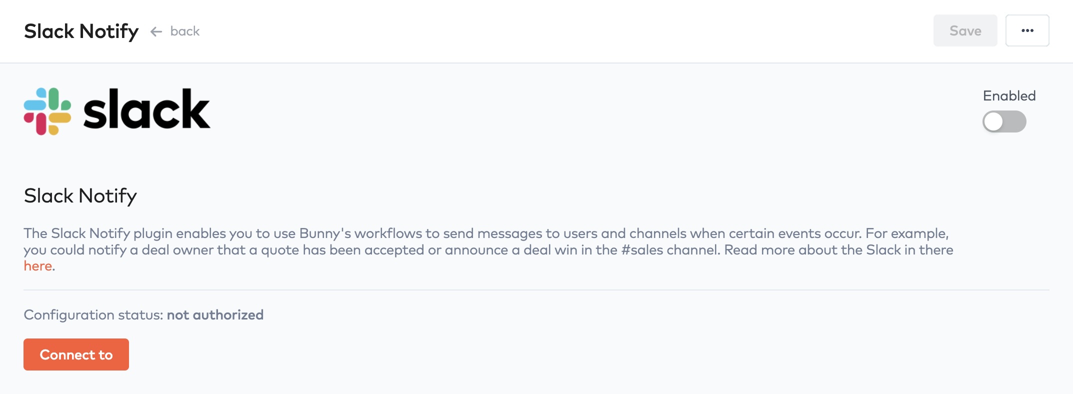 Slack Notify integration page showing status not authorized, a Connect to button and the Enabled toggle