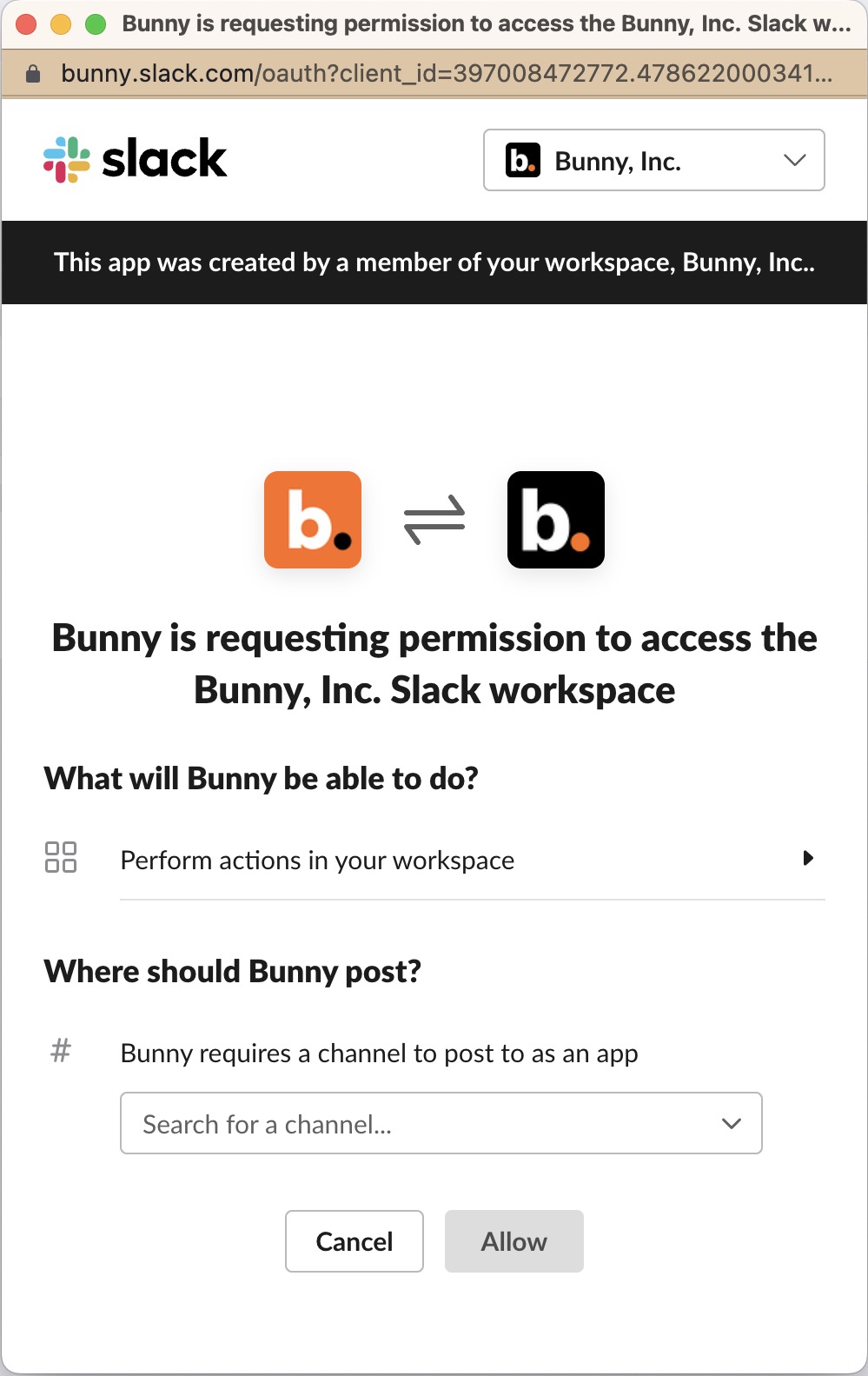 Slack authorization screen asking which channel Bunny should post to, with Cancel and Allow buttons