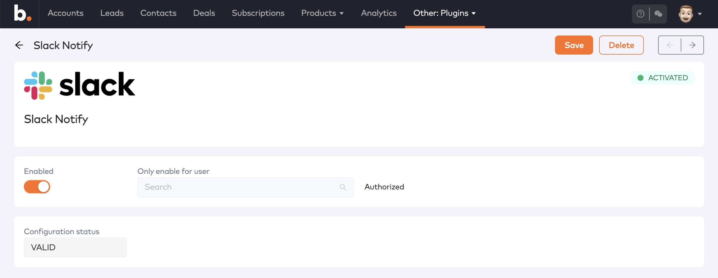 Activated Slack Notify integration with the Enabled toggle on, Only enable for user field and VALID status