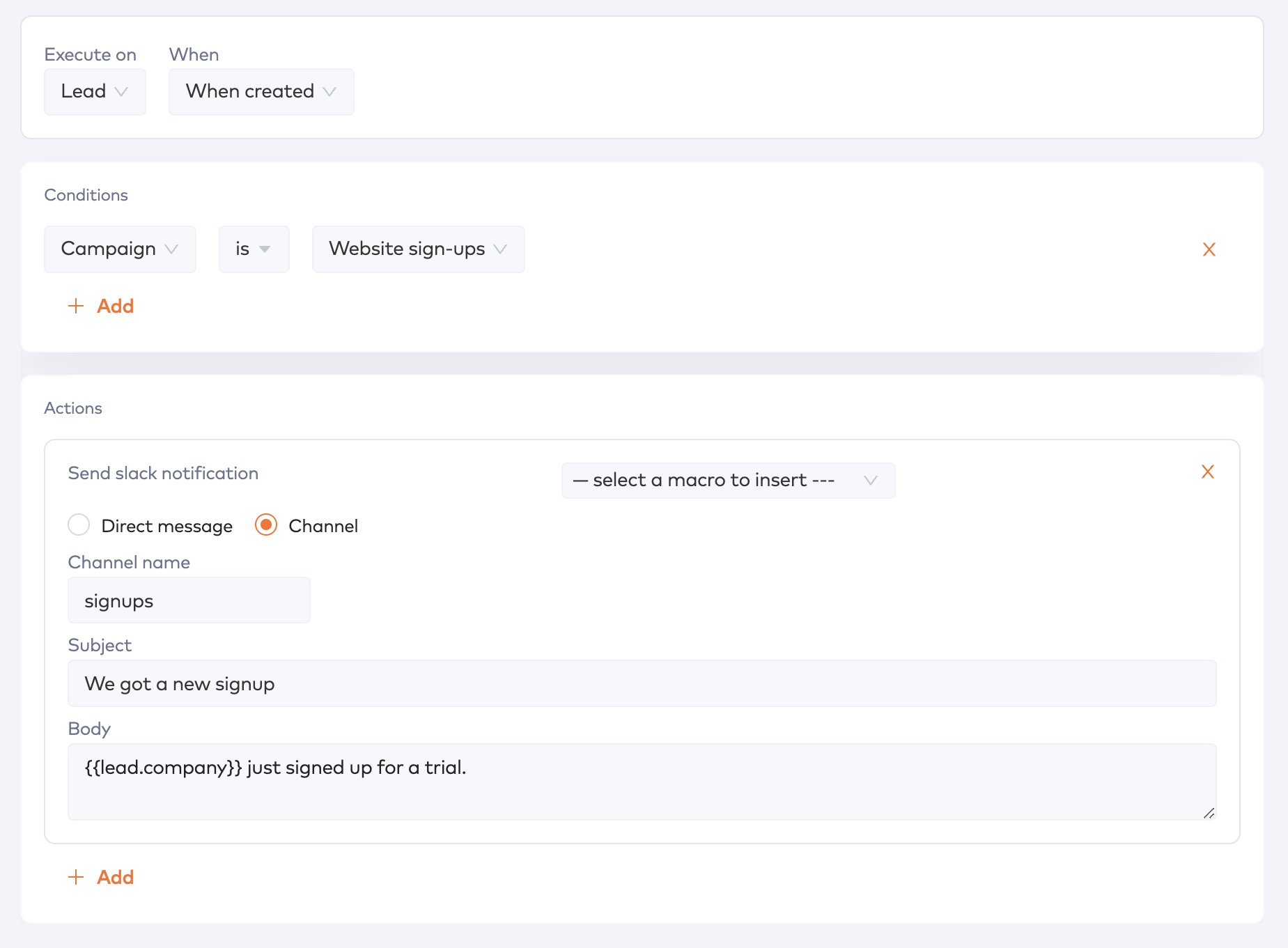 Workflow on Lead created, filtered to the Website sign-ups campaign, sending a Slack notification to the signups channel