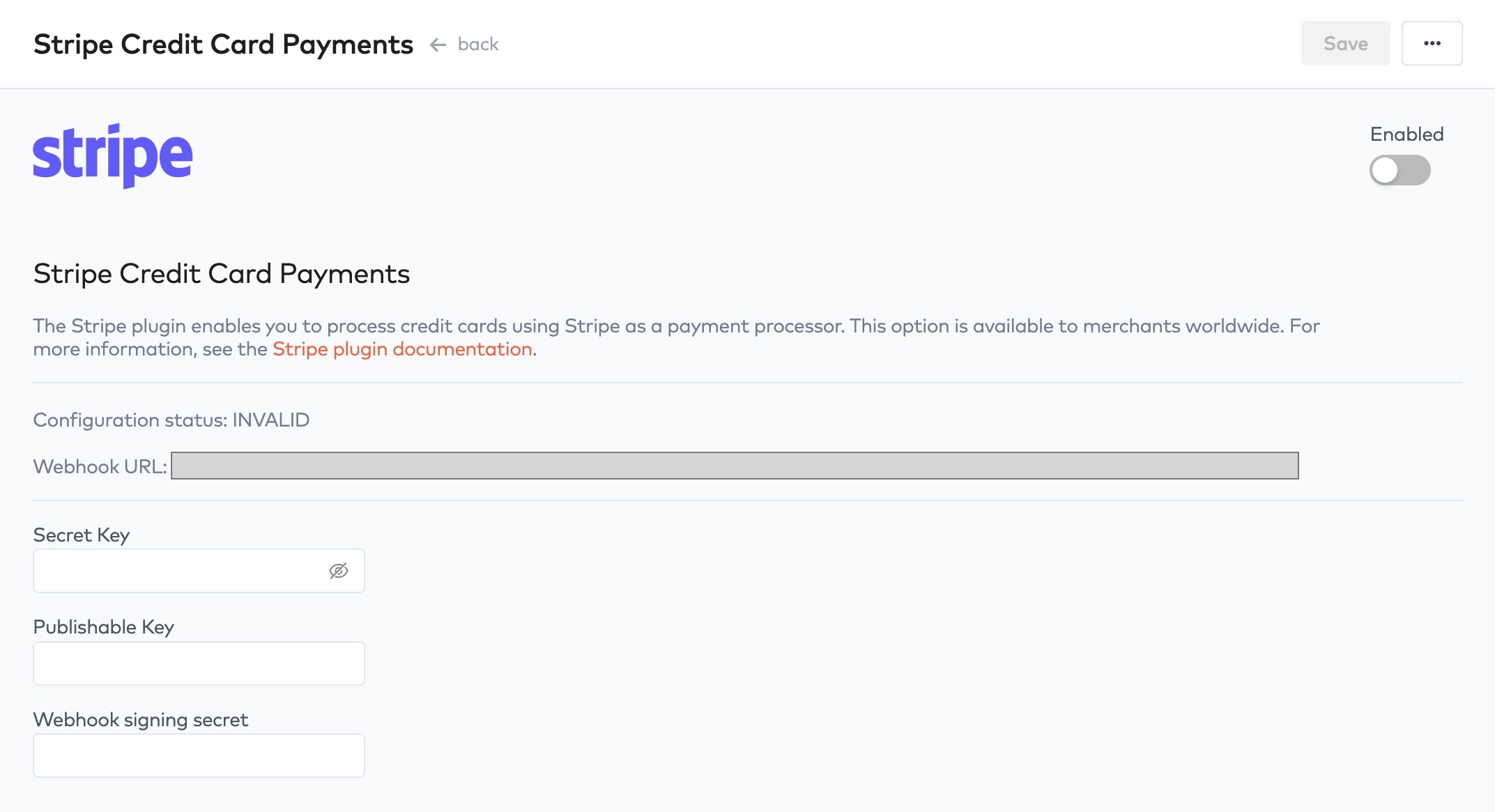 Stripe Credit Card Payments integration settings showing Webhook URL, Secret Key, Publishable Key and Webhook signing secret
