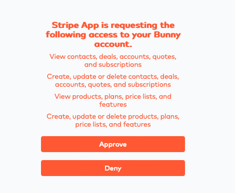 Bunny consent screen listing the access the Stripe App requests, with Approve and Deny buttons