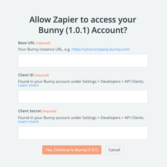 Zapier connection popup asking for Bunny Base URL, Client ID and Client Secret
