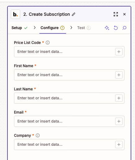 Create Subscription Configure tab with Price List Code, First Name, Last Name, Email and Company fields